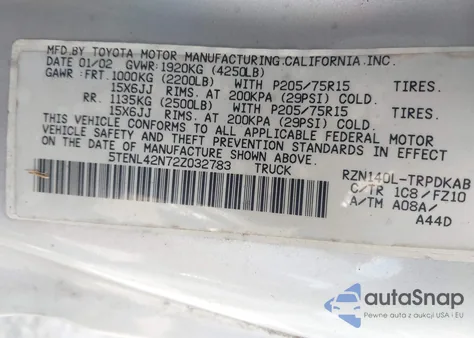 2002 Toyota Tacoma из США, поврежденный, VIN 5TENL42N72Z032783